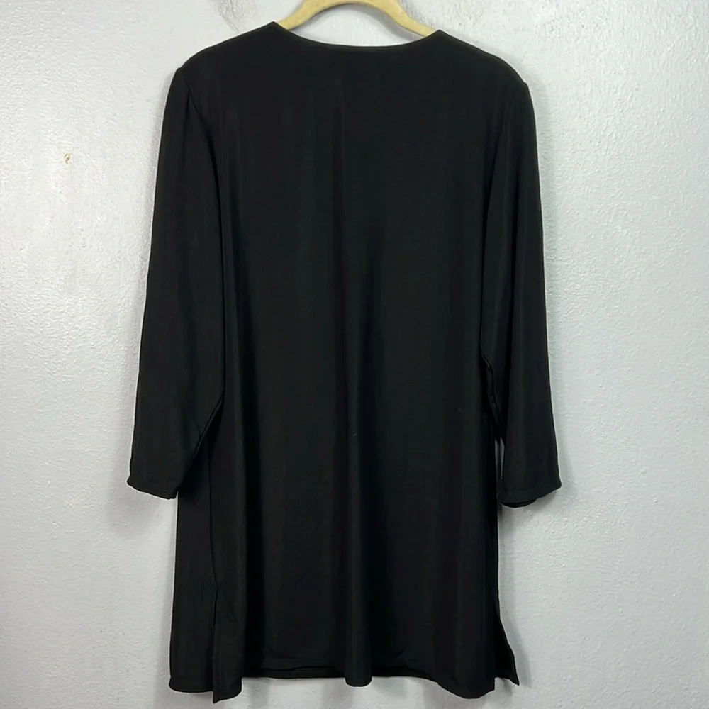 Susan Graver Style Black Beaded Neckline 3/4 Sleeve Tunic Top Medium